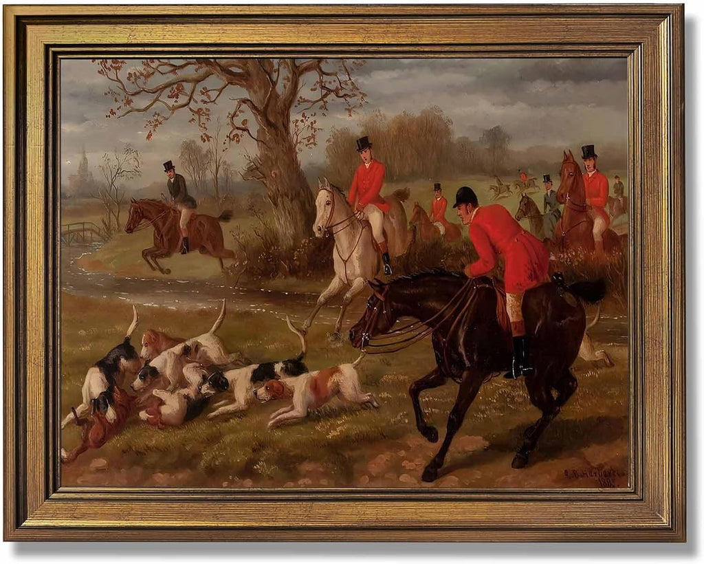 Gold Framed Vintage Equestrian Fox Hunting Wall Art Classic 19th Century Sports Oil Painting Reproduction Posters
