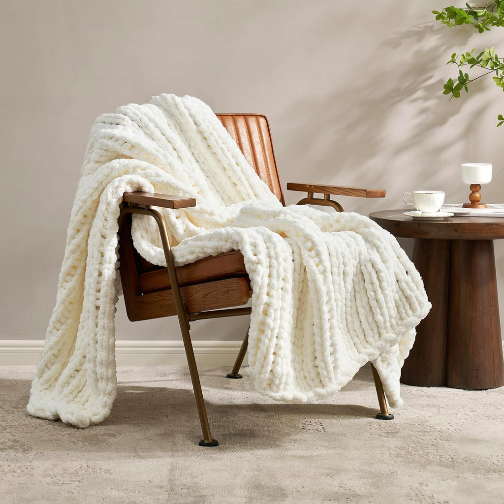 Chunky Knit Throw Blanket, Soft Chenille Handmade Crochet Throw Rope Knot Blanket, 50"x60", Ivory