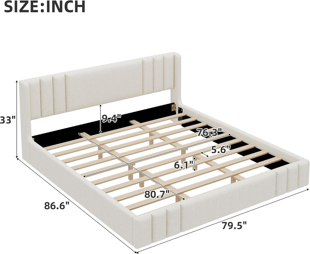 Floor Upholstered Bed Frame with Wingback Headboard
