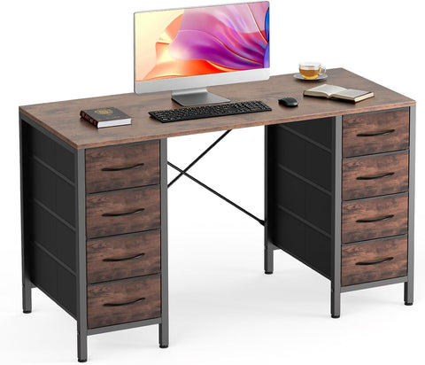 Desk with 8 Fabric Storage Drawers, Computer Office 47 Inch Gaming Writing Study Table with X-Shaped Reinforced