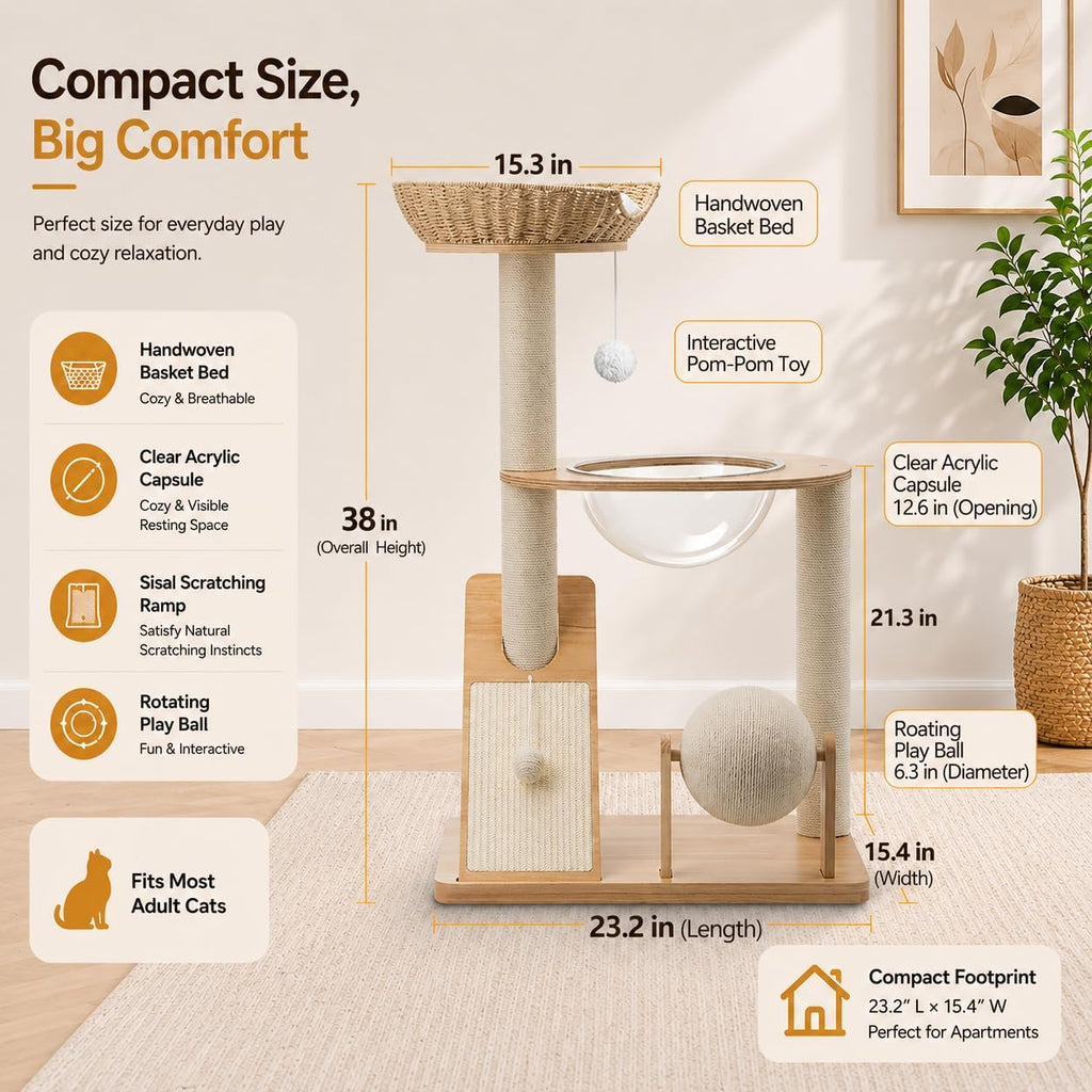 Modern Wooden Cat Tree for Indoor Cats, Furniture Style Cat Tower with Handwoven Basket and Soft Cushion, Acrylic