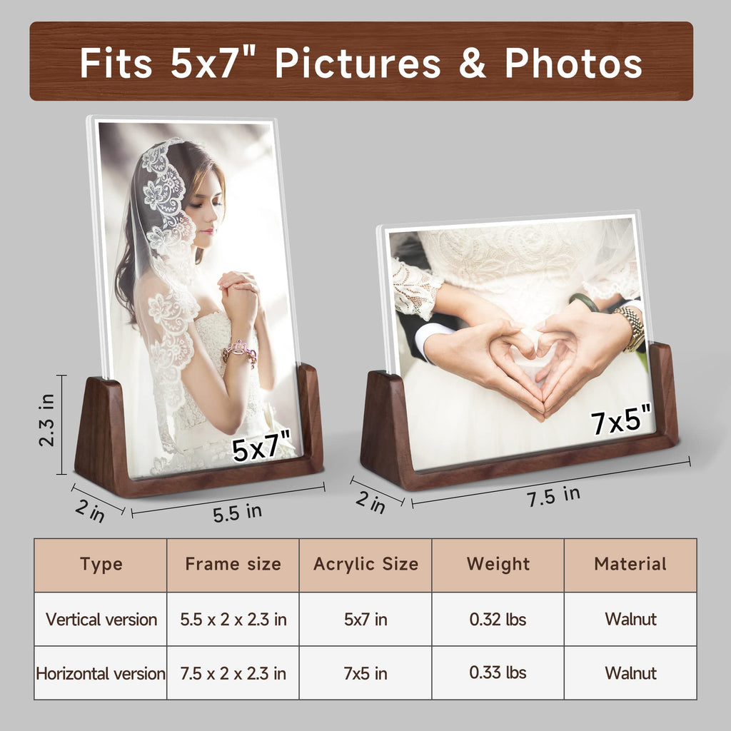 5x7 picture frames, Solid Rustic Wooden Photo Frames with Walnut Wood Base and High Definition Acrylic Glass Covers