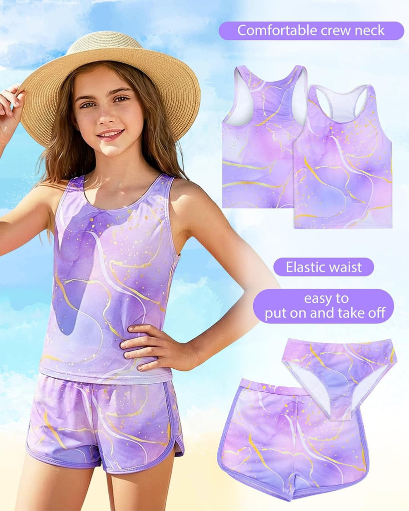 Girls Tankini Swimsuit 3 Piece Bathing Suit Set Cute Bikini Swimwear with Shorts Summer UPF 50+ Racerback Kids Swim
