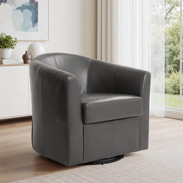Faux Leather Swivel Accent Chair, Fully Assembled Barrel Chair, Gray