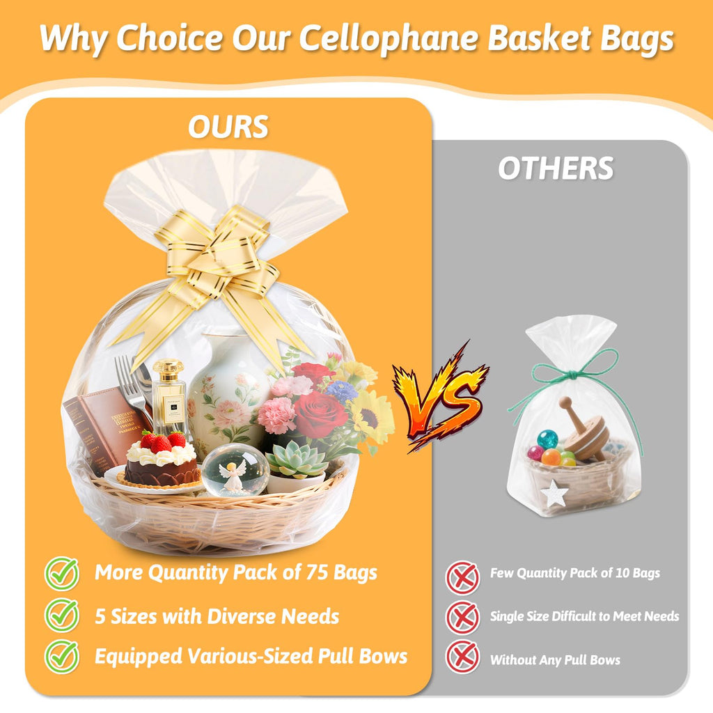 75PCS Clear Cellophane Bag for Gift Baskets 5 Sizes with Pull Bows