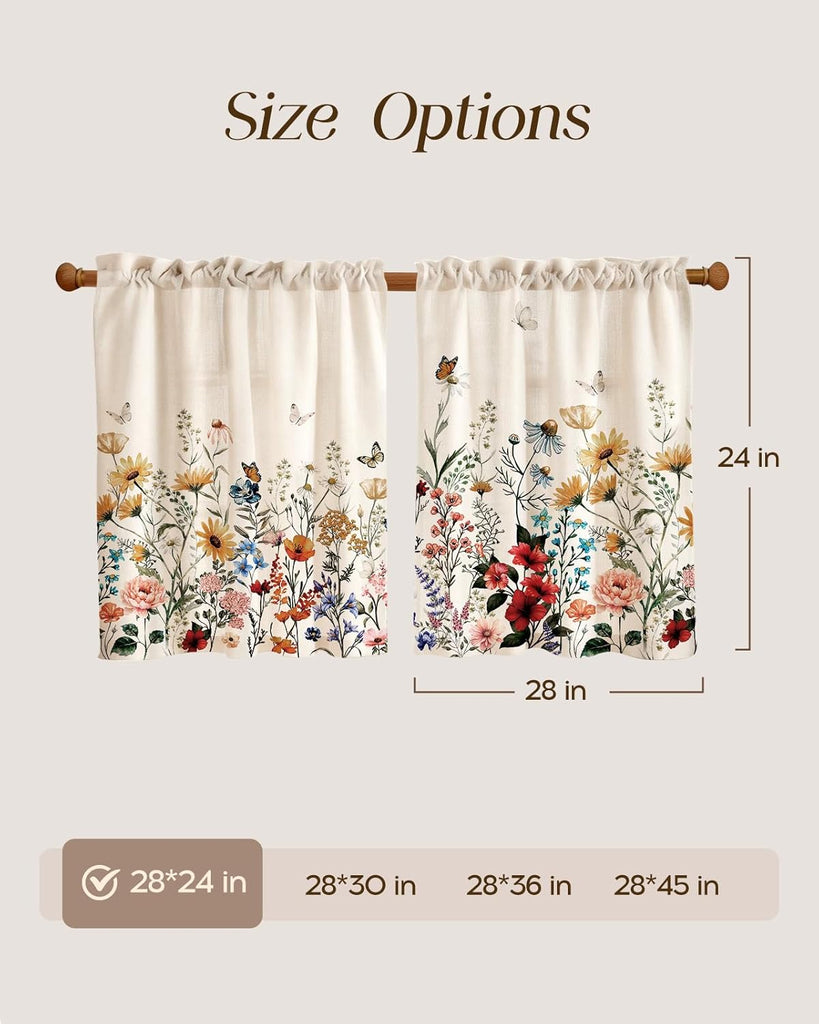 Floral Kitchen Tier Curtains - 24 Inch Length Linen Blend Farmhouse Cafe Curtains Vintage Small Window Treatments