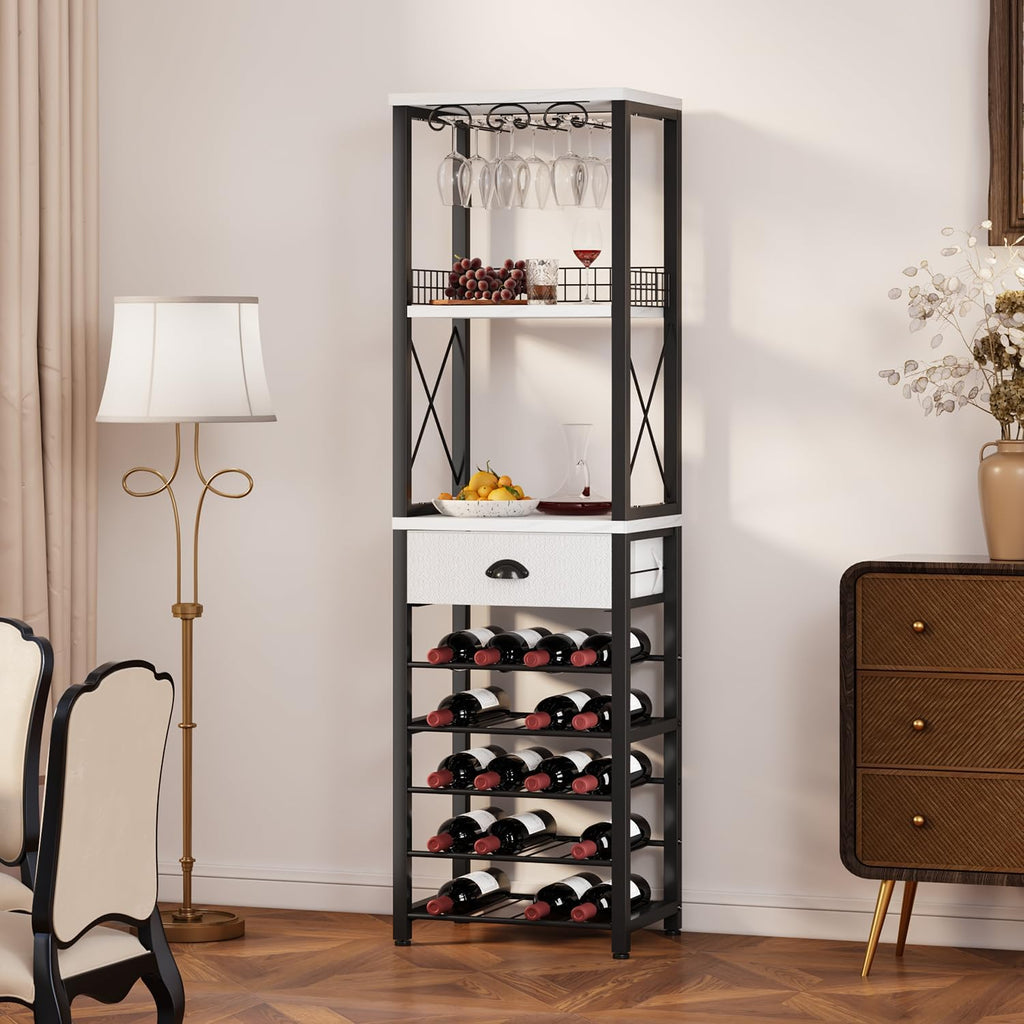 Wine Rack Freestanding Floor, Bar Cabinet for Liquor and Glasses | 4-Tier bar Cabinet with Tabletop, Glass Holder