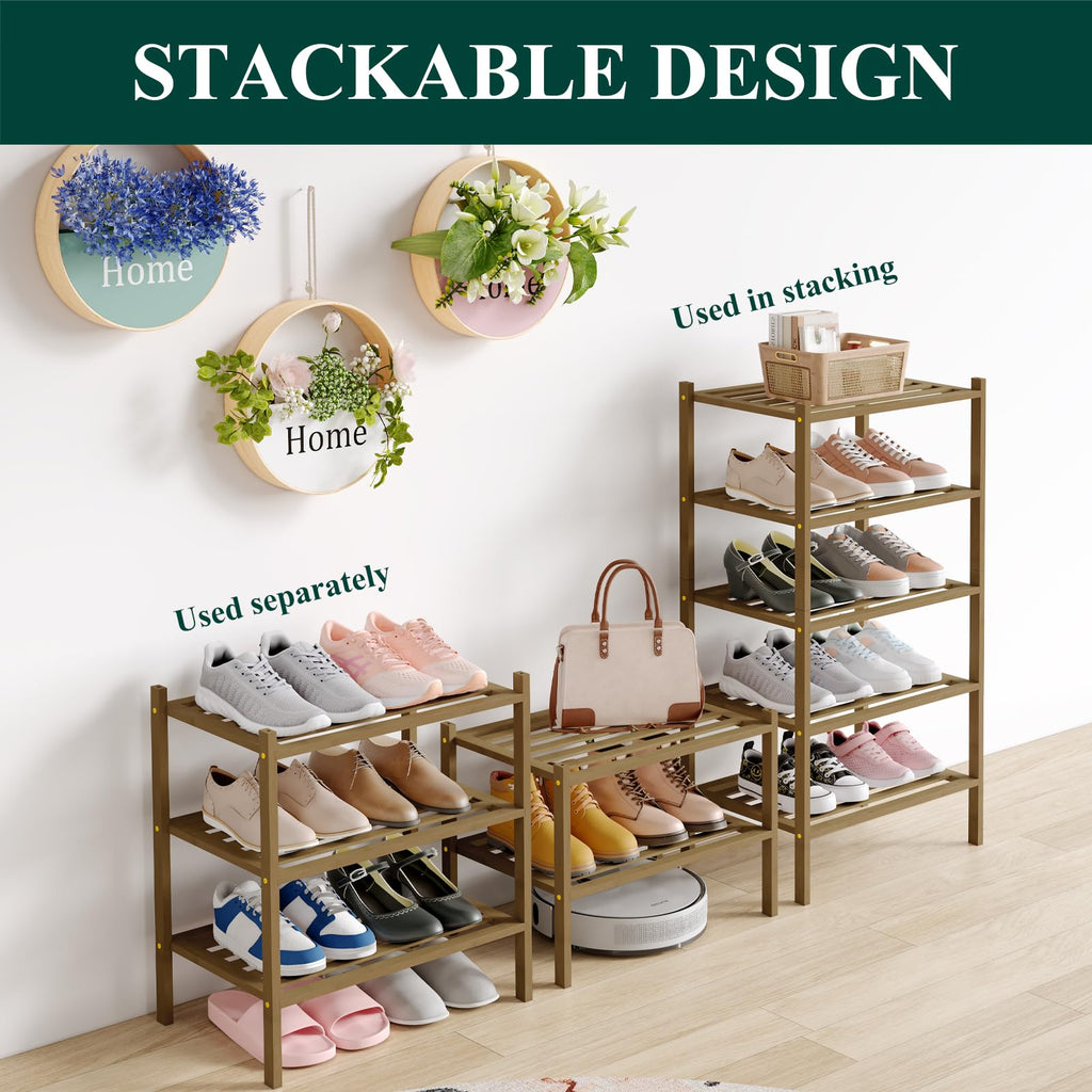 Bamboo Shoe Rack, 5 Horizontal Slats, 5 Tier - 17.3" Wide, Walnut