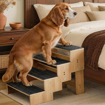 4-Step Wooden Dog Steps for Bed, Anti-Slip Dog Stairs with Carpet Pads, 23.6 Inches Pet Ramp for Dogs to Get on Bed