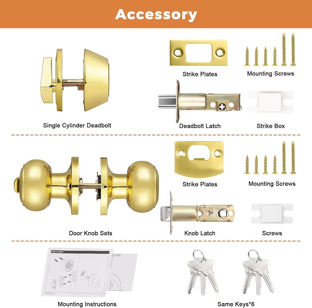 Keyed Alike Round Ball Entry Door Knob and Single Cylinder Deadbolt Set, Polished Brass, 1Pack