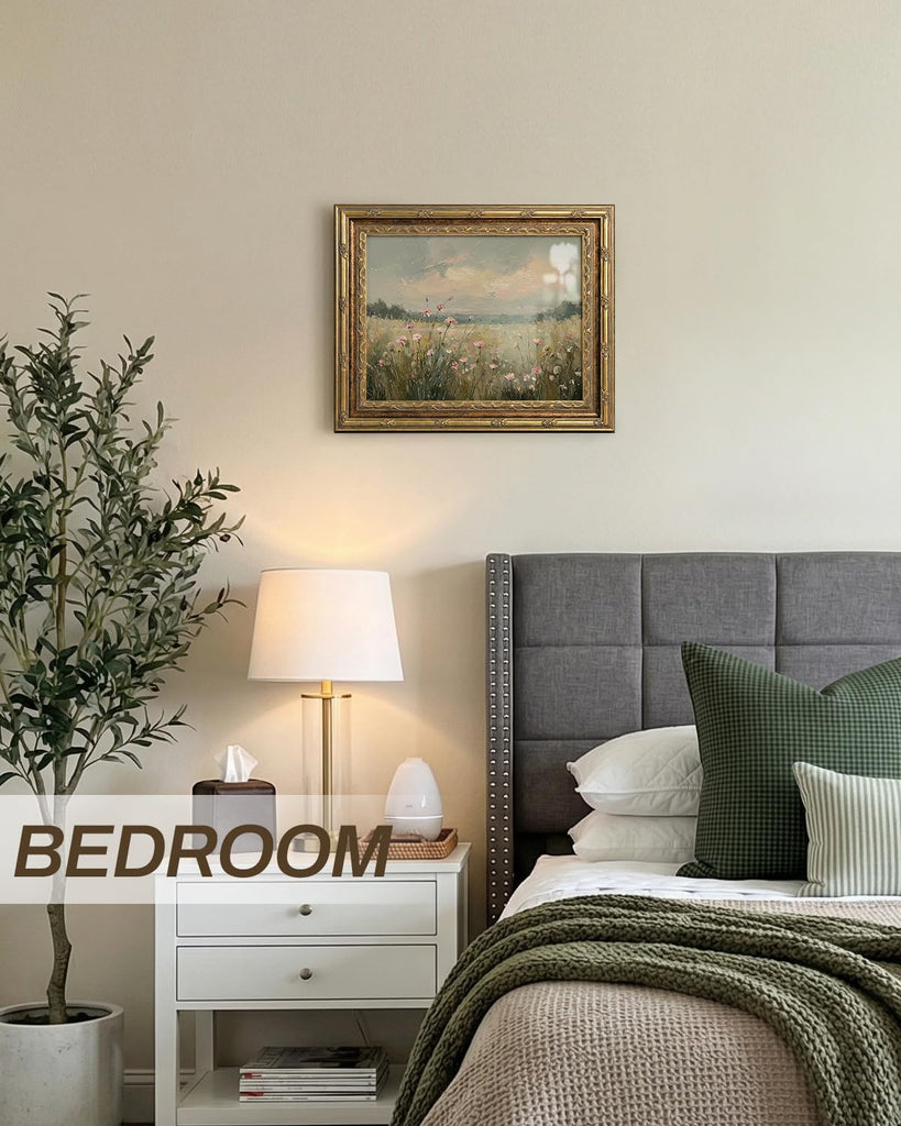 Gold Framed Landscape Wall Art, Wildflower Filed Canvas Print