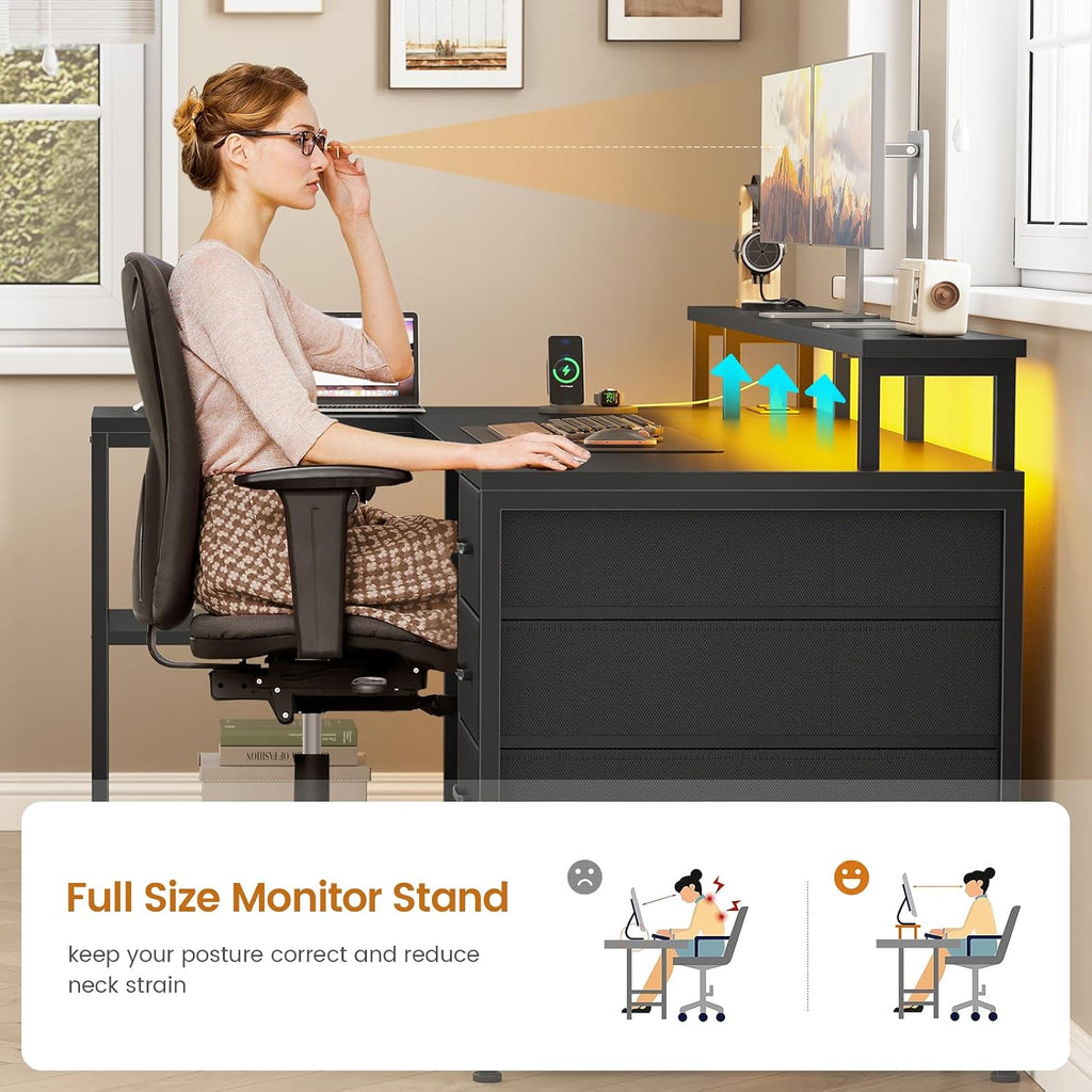 L Shaped Gaming Desk with 4 Drawers, Shelves, Power Outlets, Black | L Shaped Desk with LED Lights , Computer Desk