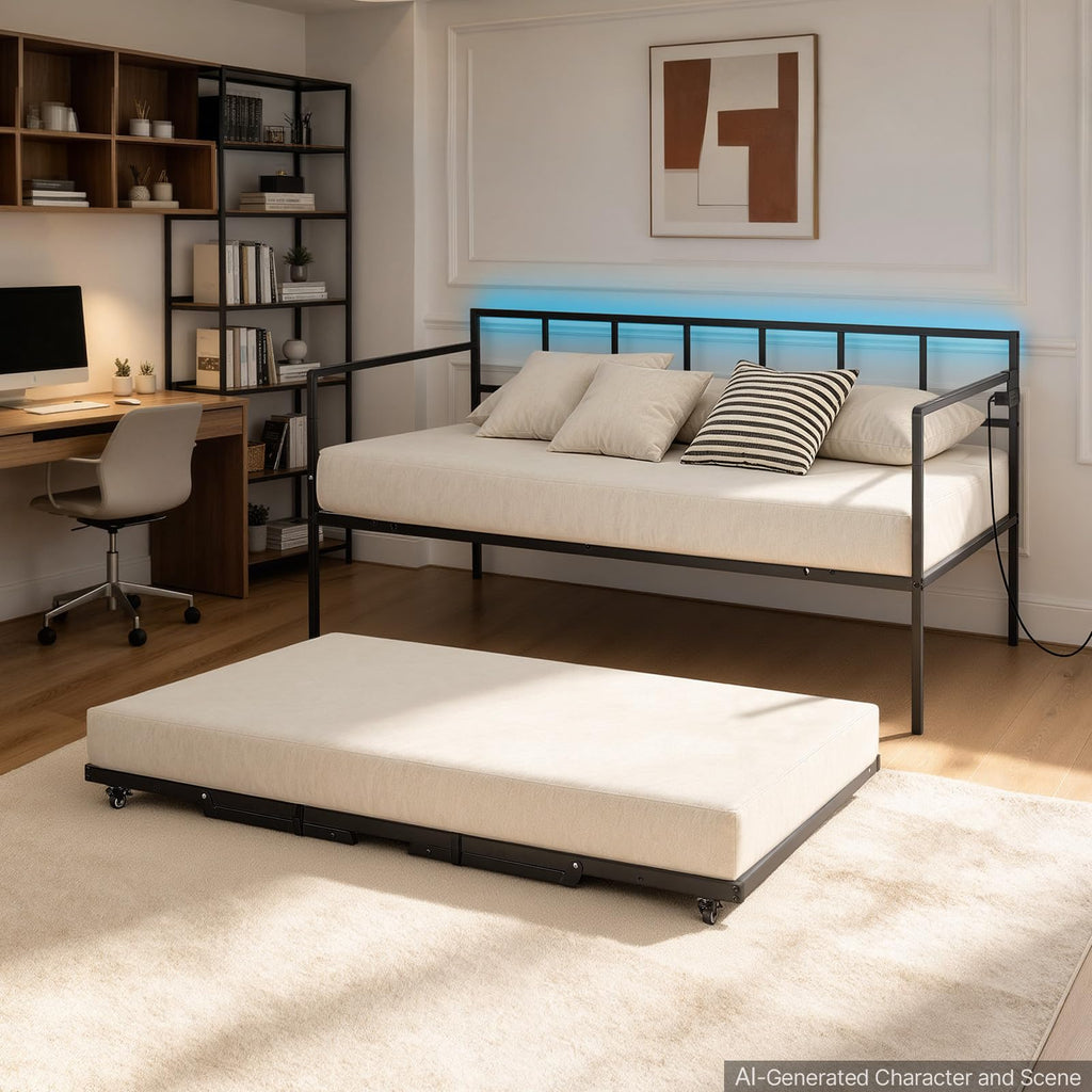 Twin Daybed with Pop Up Trundle Metal Charging Station LED Light, Bedroom Guest Room, Heavy Duty Twin Size Sofa Day