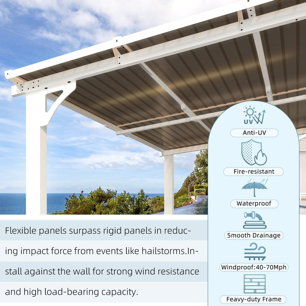 14' x 12' Hard Top Lean-to Gazebo - Aluminum Wall-Mounted Pergola with Waterproof Roof, White
