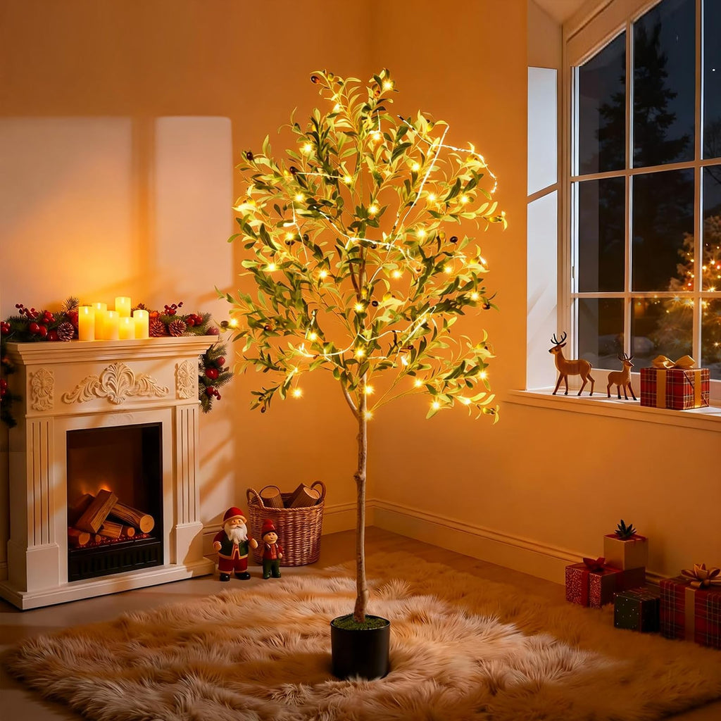 Olive Tree, 6FT Tall Faux Olive Tree with Lights Moss and Planter, Olive Trees Artificial Indoor with Realistic Wood