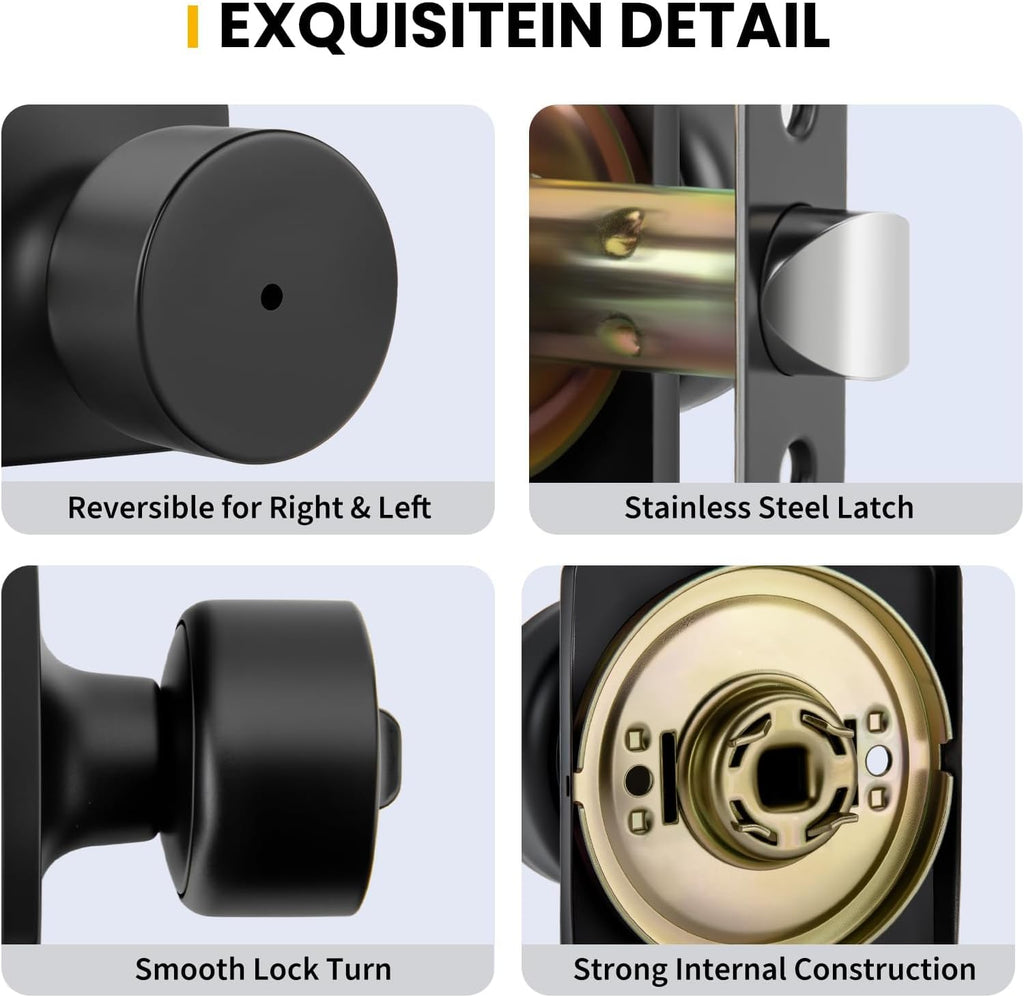 Matte Black Door Knobs Interior, Privacy Bedroom Door Knob with Lock, Black Interior Door Knobs Bathroom 4 Pack