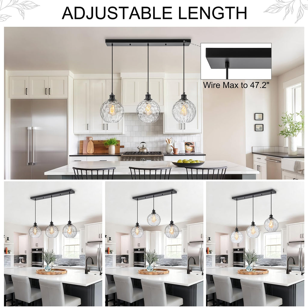 3 Light 31.5" Black Linear Pendant Lights with Clear Hammered Glass Shade
