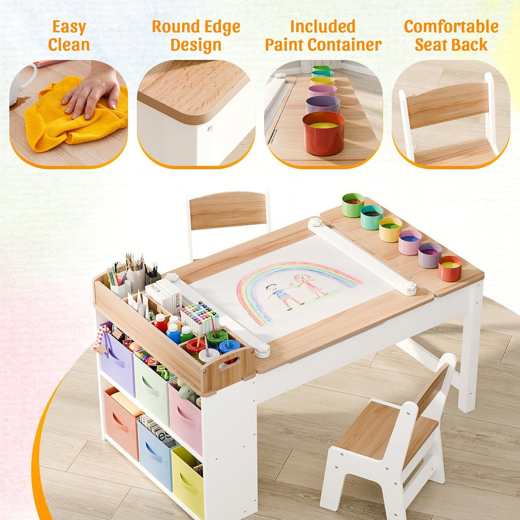 Kids Art Table and Chair Set with 2 Chair & Bins, 44" L x 24" W, Natural