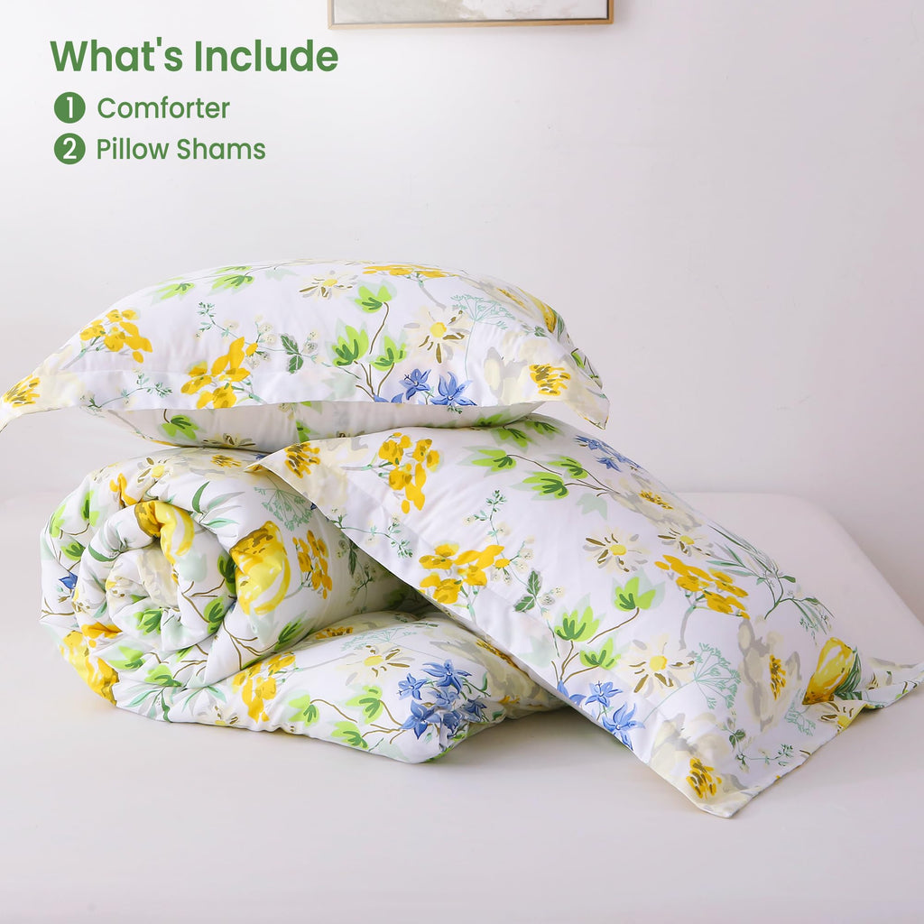 Floral Comforter Sets, Lemon Blossoms Patterned Bed in a Bag for All Seasons, 3-Piece Farmhouse Rustic