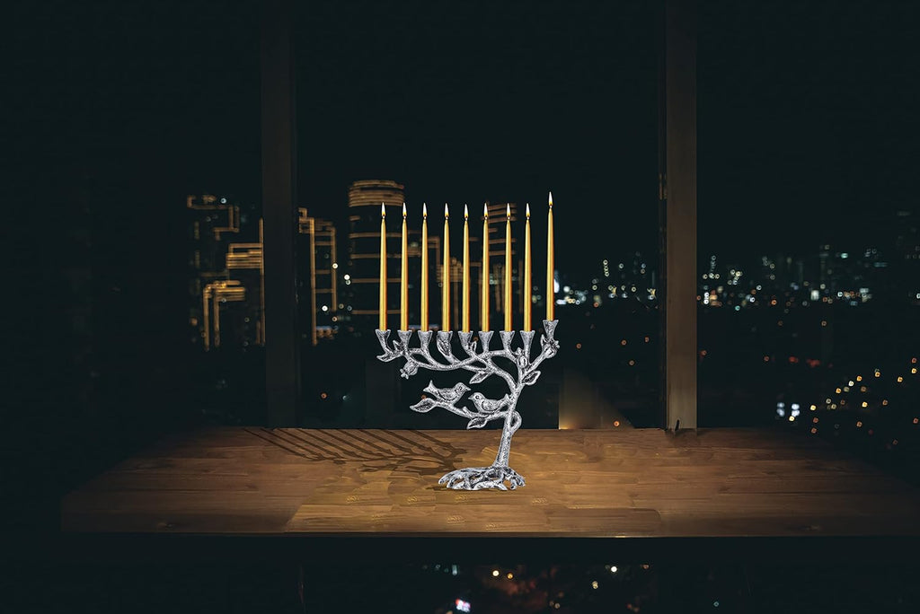 Tree of Life Menora for Chanuka - Fits All Standard Chanukah Candles - Artistic Candle Menorahs - Silver Hanukkah