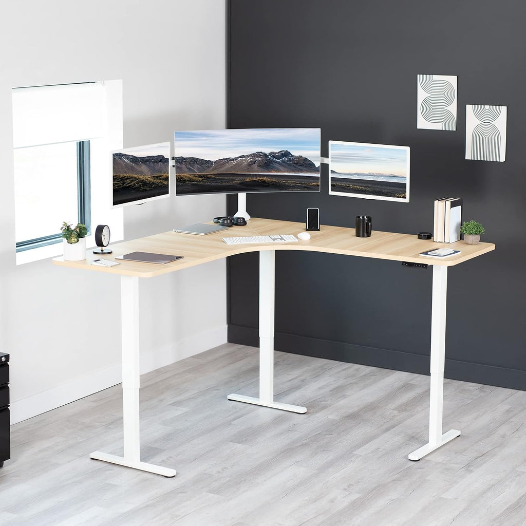 Light Wood 71 x 71 in Corner Standing Desk, DESK-KIT-E3CWC | Electric, Triple Motor, Holds 264 lbs, Sit Stand