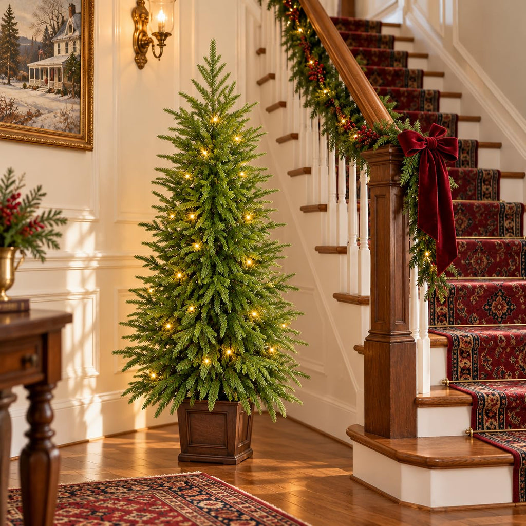 4FT Norfolk Pine Christmas Trees with Lights, 2Pack Potted Xmas Trees
