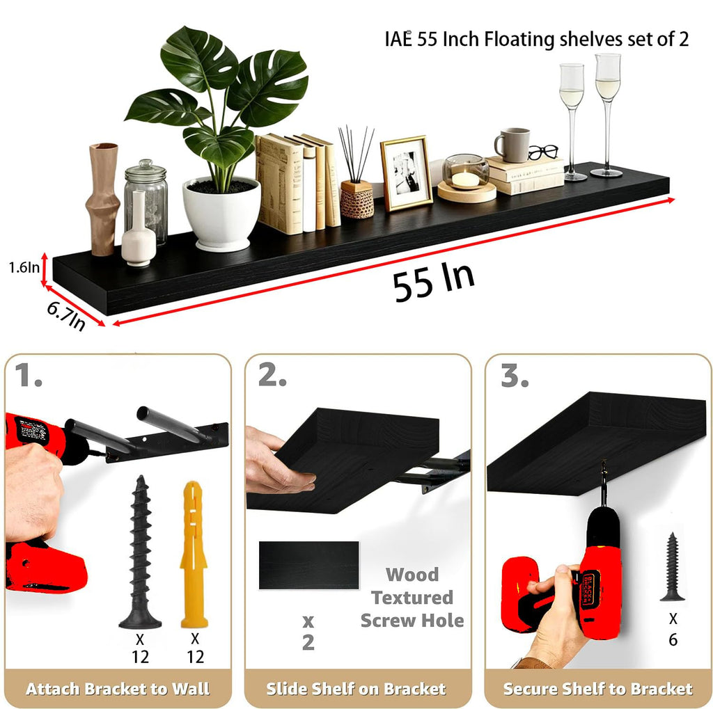 Floating Wall Shelves 55 inch, Bathroom Shelving Wall Mounted, Black