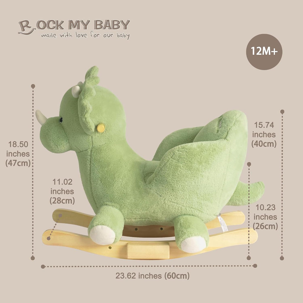 Rocking Horse Green Dinosaur with Chair, Plush Stuffed Rocker for Toddlers 1-3, Baby Rocker with Sweet Music, Wooden