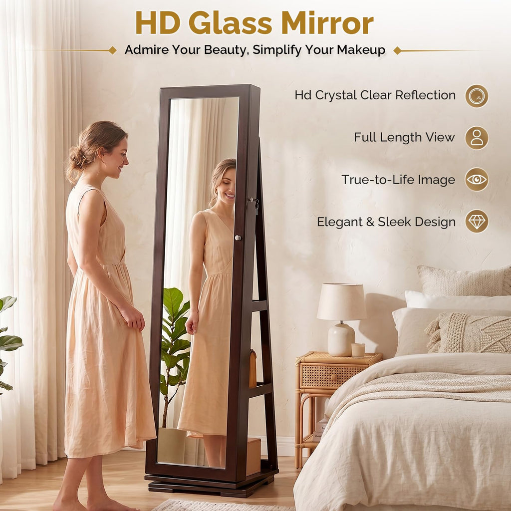 360° Swivel Jewelry Mirror Cabinet with Full-Length Mirror and Interior Makeup Mirror, Lockable Standing Jewelry