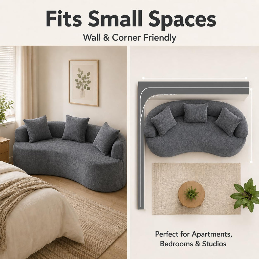 Curved Loveseat for Small Spaces, Curved Couches, Compression in a Box with 3 Pillows, Small Couch with Armrest