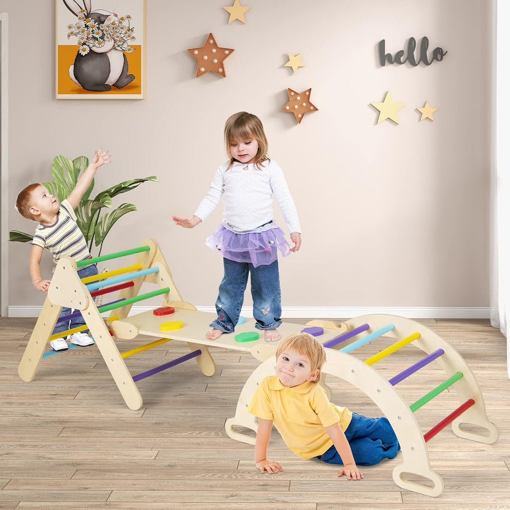 Triangle Set 7 in 1 Climbing Toys for 1-3 Inside Foldable Wood Montessori Jungle Gym with Ramp Slide Arch Rocker