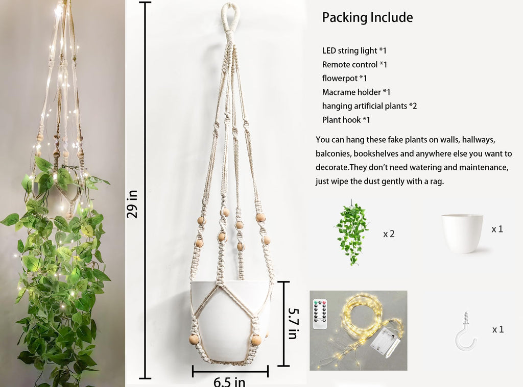 Fake Hanging Plants with Lights Artificial Plants Decor Macrame Plant Hanger with Fake Vines Faux Hanging Planter for