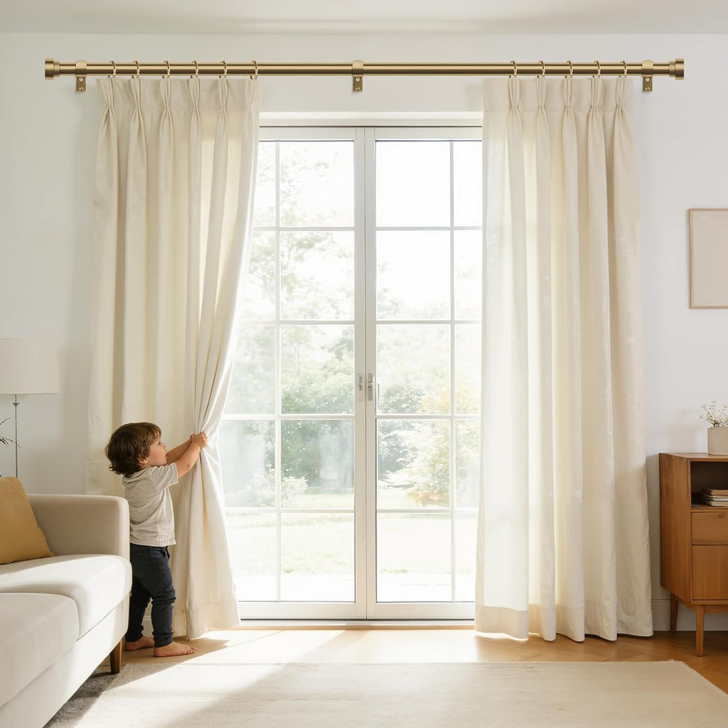 Brass Gold Curtain Rod, Brushed Warm Gold 1" Adjustable Long Heavy Duty Curtain Rods for Windows