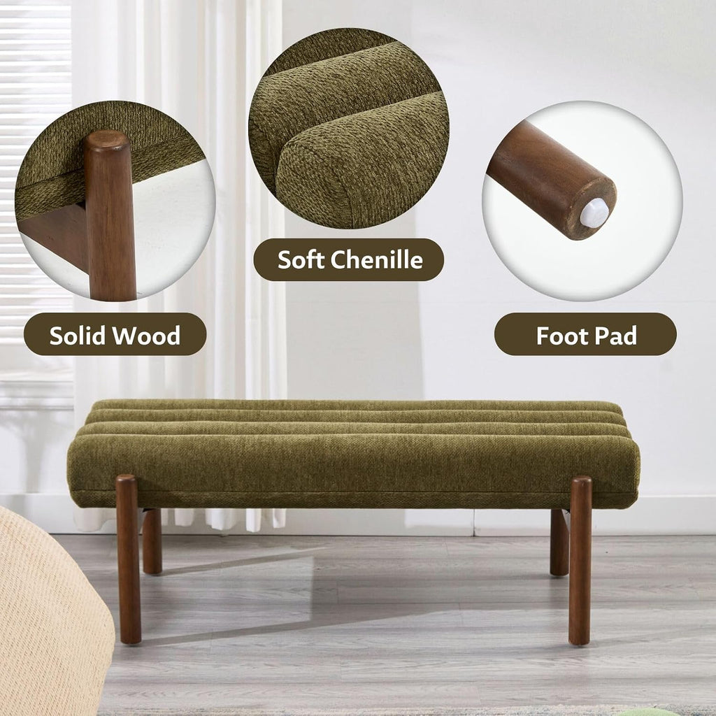 Green Modern Bench End of Bed Entryway Living Room | Chenille Fabric, Wooden Legs, 47" Long, Upholstered, Vintage Mid
