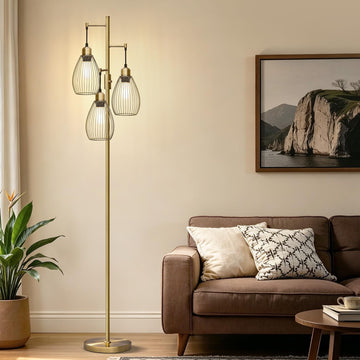 Dimmable Floor Lamp, 3 x 800LM LED Edison Bulbs Included, Farmhouse Industrial Floor Lamp Standing Tree Lamp