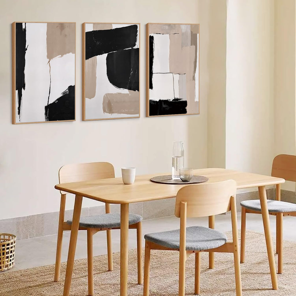 Large Abstract Neutral Framed Canvas Wall Art, Brown Brush Stroke Wall Decor, Minimalist Textured Block Artwork Set of