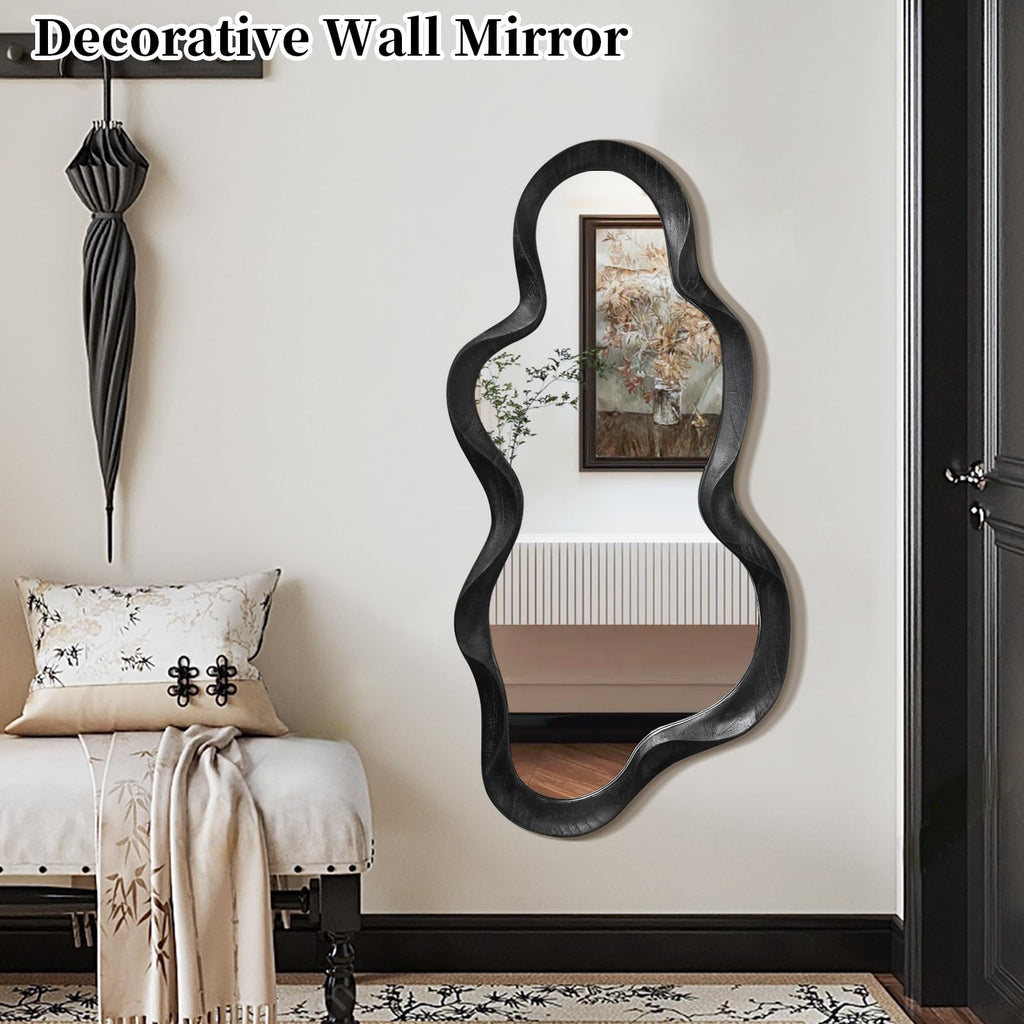 Black Asymmetrical Mirror, Wall Irregular Wood Frame Wavy Wall Mirror