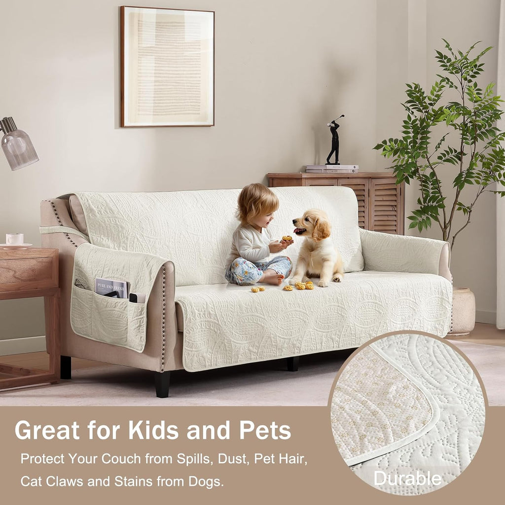 Quilted Sofa Slipcovers with Pockets, Anti-Slip Medallion Designed Couch Covers for 3 Cushion Sofa, Couch Cover