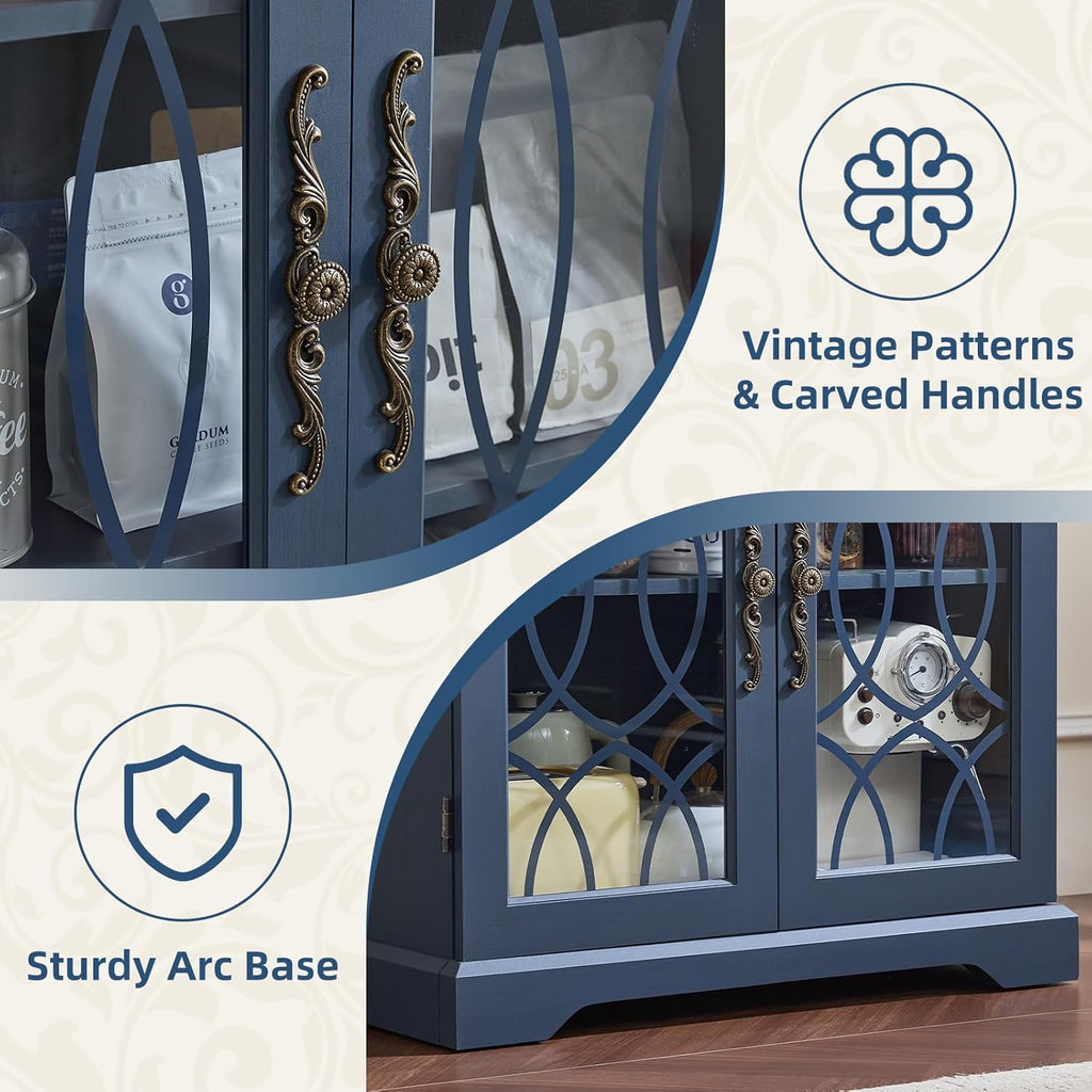 67" Tall Bookshelf, Rustic Book Shelf w/Vintage Pattern Tempered Glass Doors, 5-Tier Wood Bookcase with Adjustable