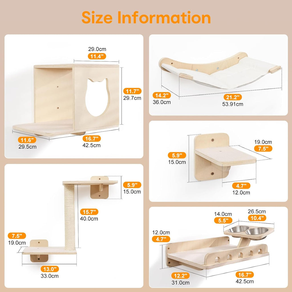 8-in-1 Cat Wall Shelves for Large Cats, Wall Mounted Cat Furniture with Feeding Station&Extra Wide Hammock, Heavy