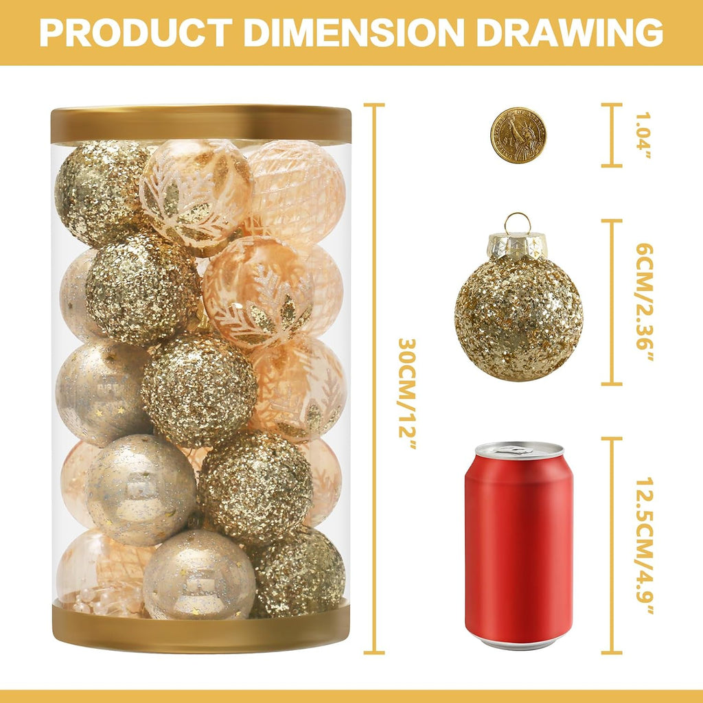 25PCS Christmas Ornaments Set, 2.36"/6CM Clear Plastic Shatterproof Christmas Ball Hanging Ornaments for Xmas Tree