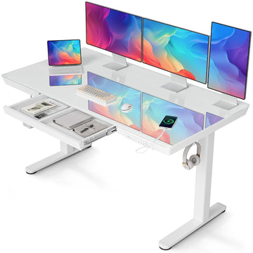 Glass Standing Desk with Drawers & USB Ports 55x24 Inch, White | 3 Steps Quick Install, 2 Zones Drawer, USB Ports