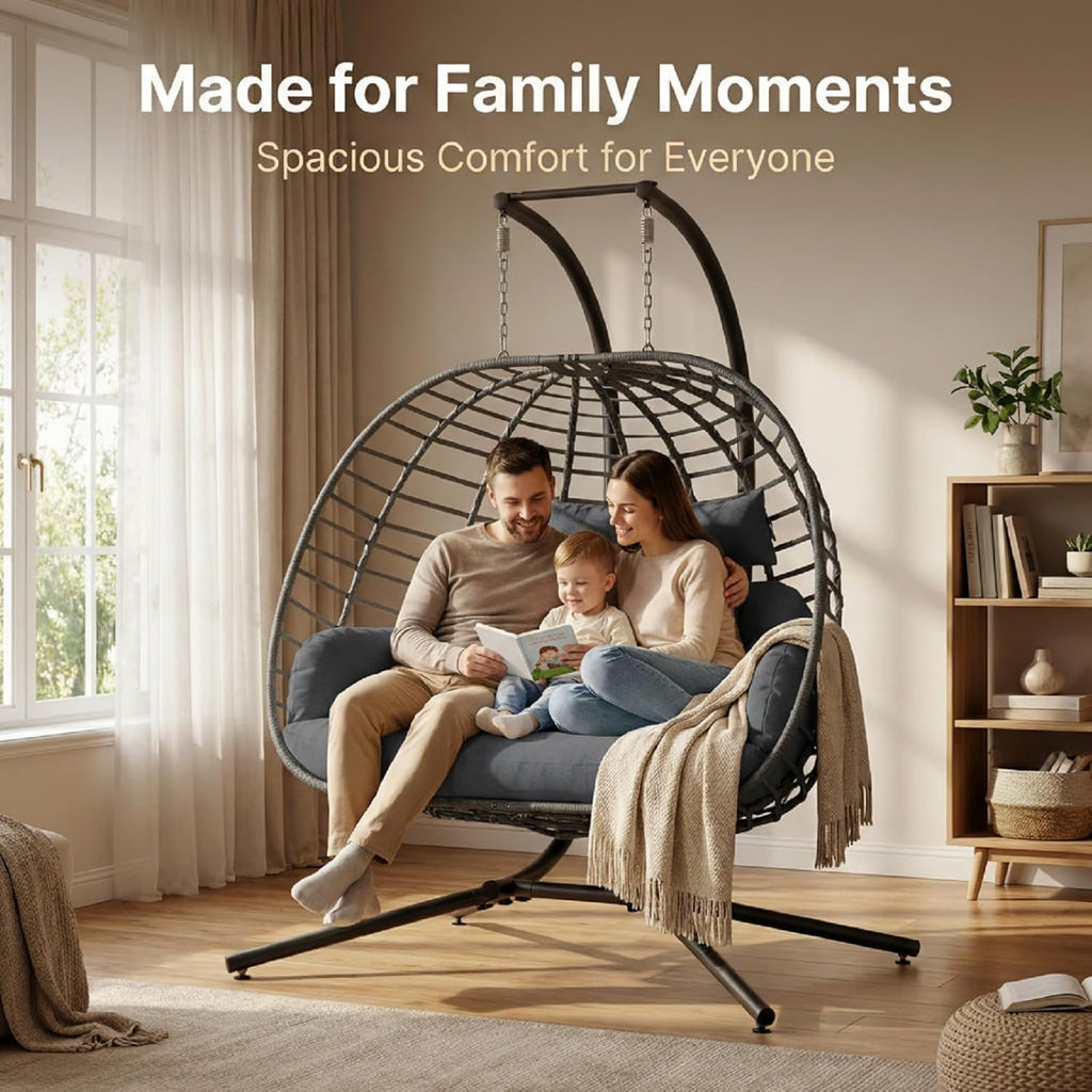 Double Egg Swing Chair with Stand, Outdoor Patio 2 Person Hanging Wicker Hammock Chairs with Cushion for Indoor