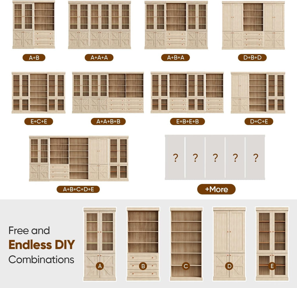 70.8" Tall Brown Bookshelf with Glass Doors, Farmhouse Modular Bookcase with 6-Tier Adjustable Shelves, Large Storage