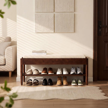 39.3" Solid Wood Shoe Rack Bench with Flip-Top Storage, 2 Tier Shoe Rack Bench with Chenille Cushion, Closet