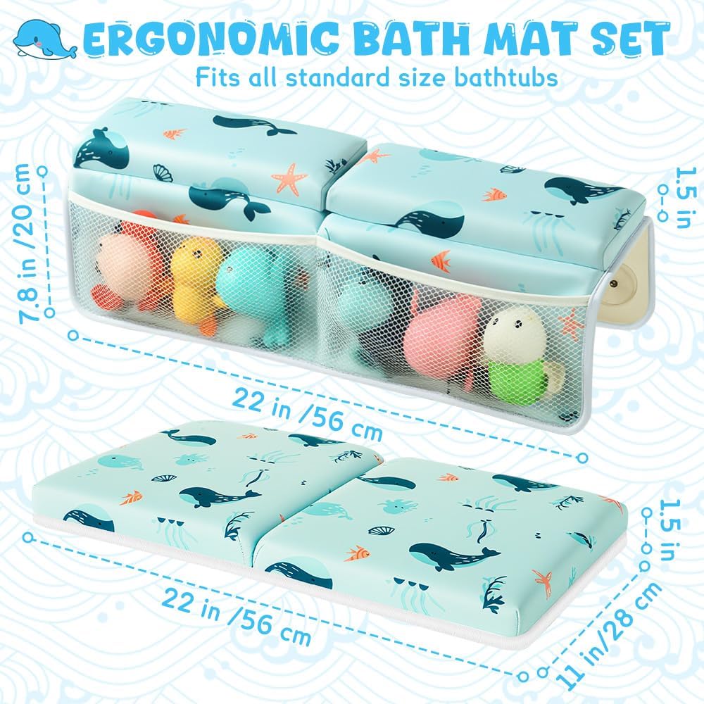Bath Kneeler and Elbow Rest Pad Set,1.5" Thick Baby Bath Kneeler Pads with Toys Organizer, Pads to Support The Arm