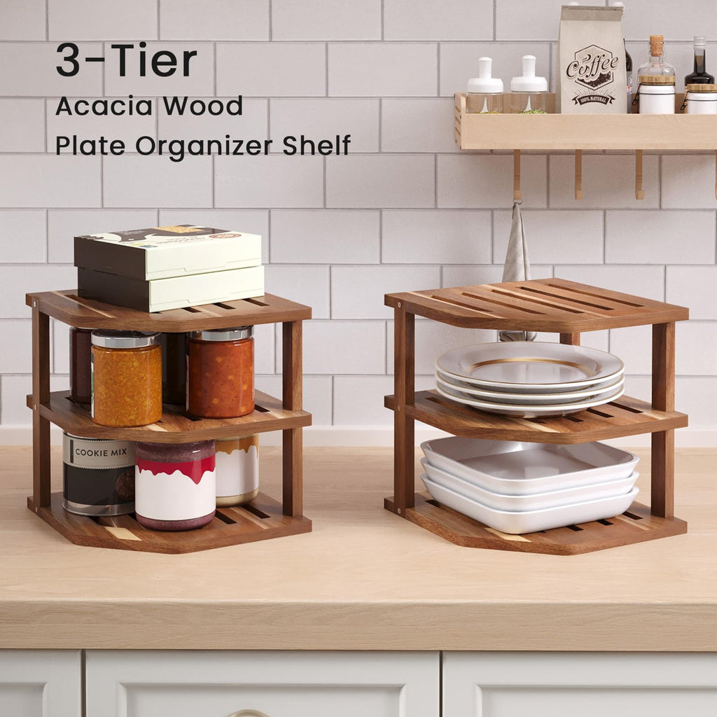 3 Tier Acacia Corner Shelf 2 Pack, Dish Drying Rack, Cabinet