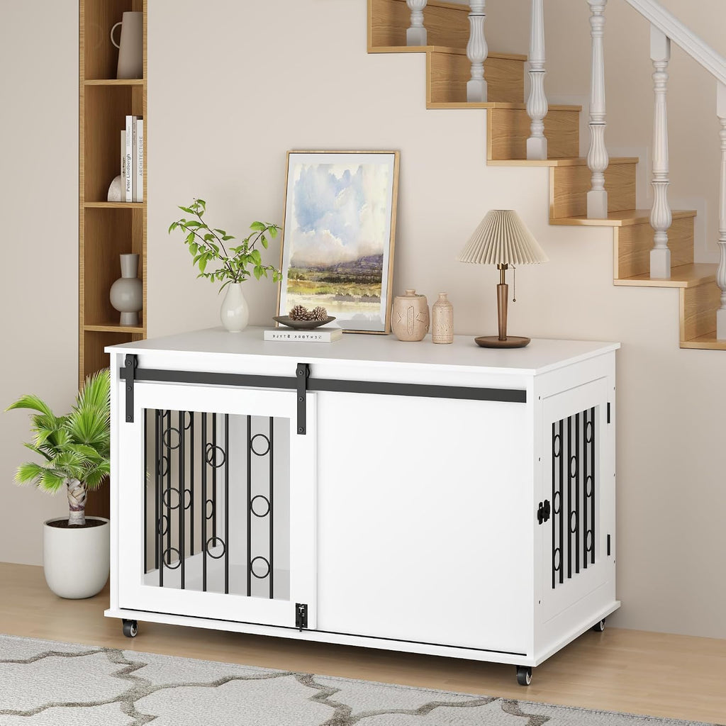 Modern Wooden Dog Crate Furniture with Sliding Barn Door and Side Door