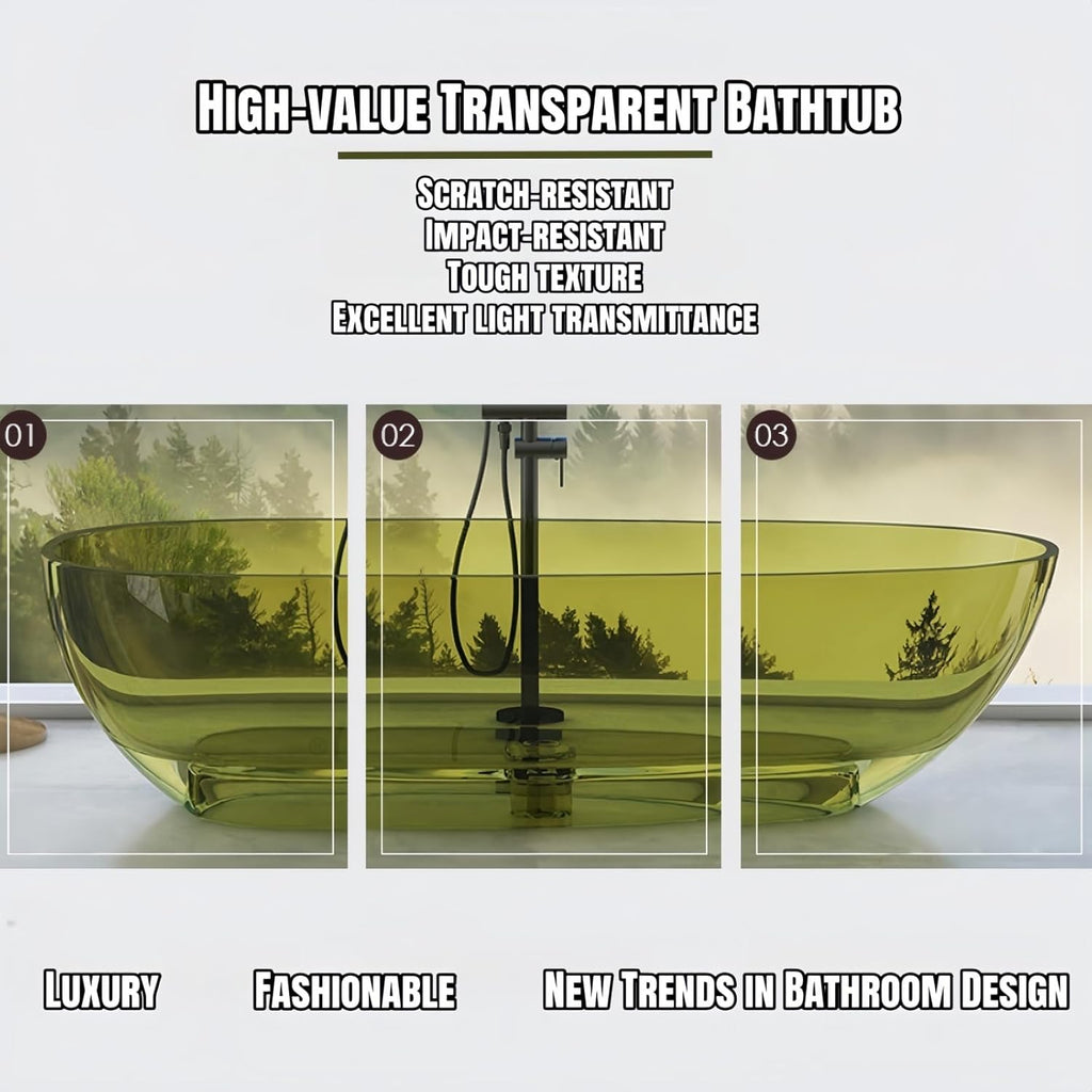 Colorful Freestanding Bathtub - Crystal Clear Soaker Tub Made, Extra Deep Freestanding Tub with Solid Surface Design