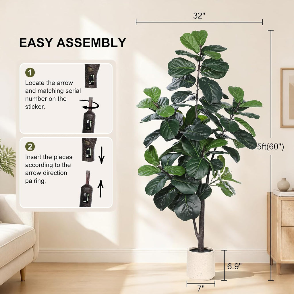 Faux Fiddle Leaf Fig Tree 5ft with Sturdy White Planter